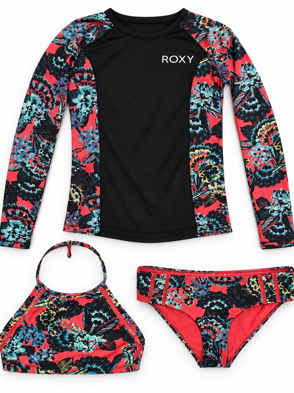 Roxy 3 Piece Floral Bikini Rash Guard Swim Set Size M Black Coral